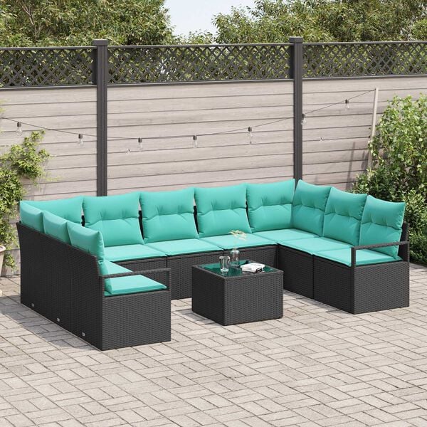 vidaXL 10 Piece Garden Sofa Set with Cushions Black Poly Rattan