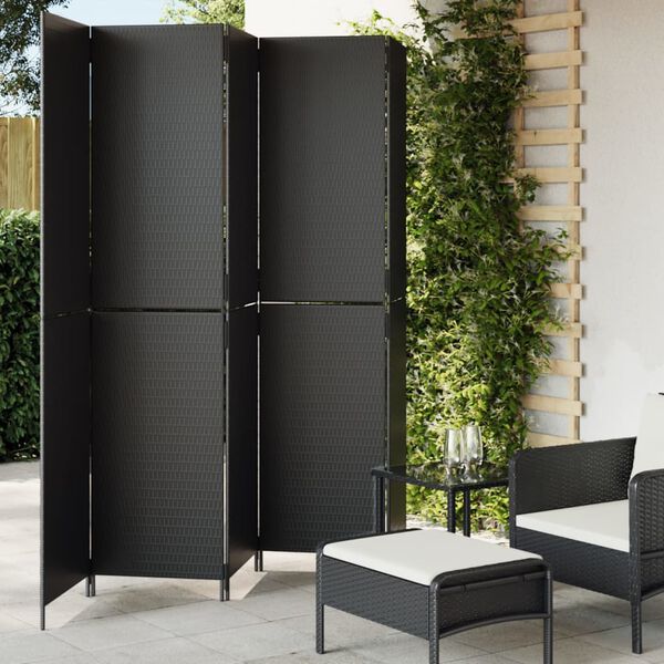 vidaXL Room Divider 5 Panels Black Poly Rattan