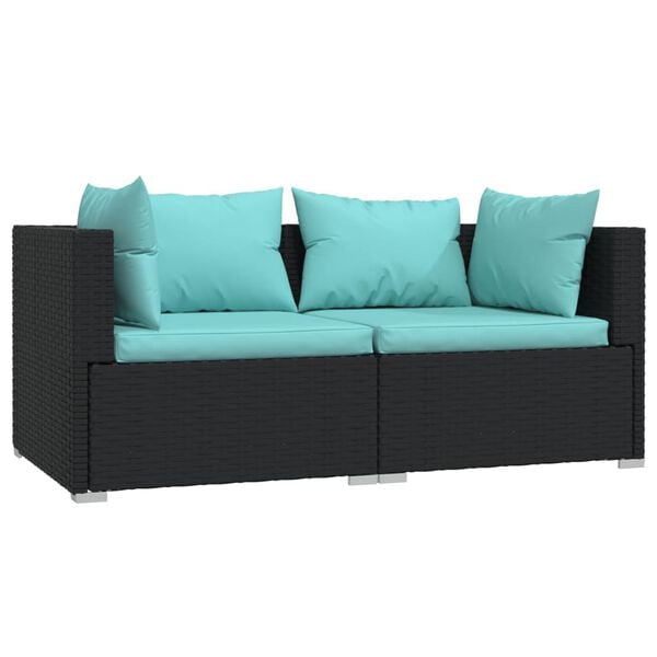vidaXL 2-Seater Sofa with Cushions Black Poly Rattan