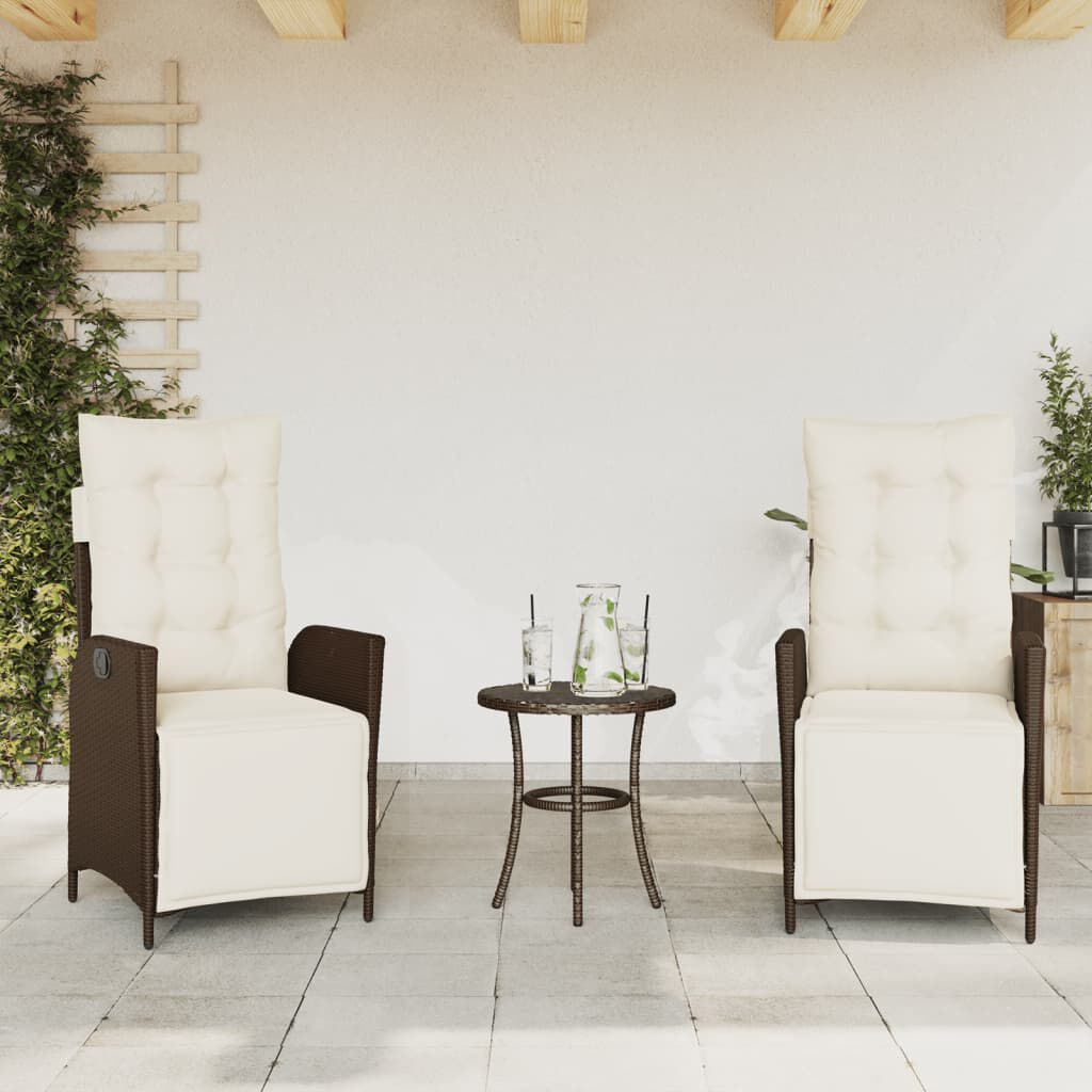 vidaXL 3 Piece Bistro Set with Cushions Brown Poly Rattan