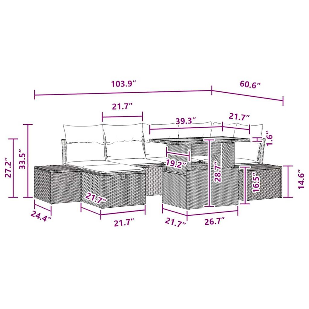 vidaXL Garden Sofa Set Height-Adjustable 7 pcs Black Poly Rattan