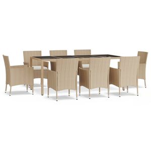 vidaXL 9 Piece Garden Dining Set with Cushions Beige Poly Rattan