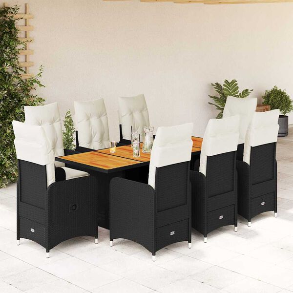vidaXL 9 Piece Garden Bistro Set with Cushions Black Poly Rattan