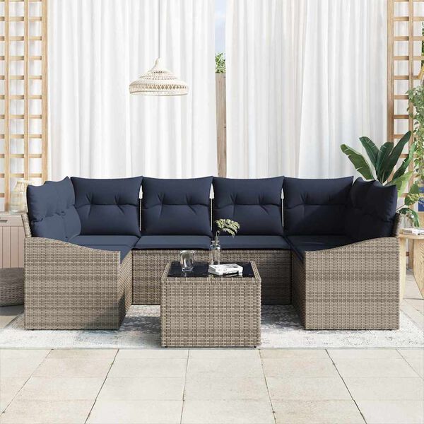 vidaXL Sofa Set with Cushion 7 pcs Grey and Navy Poly Rattan