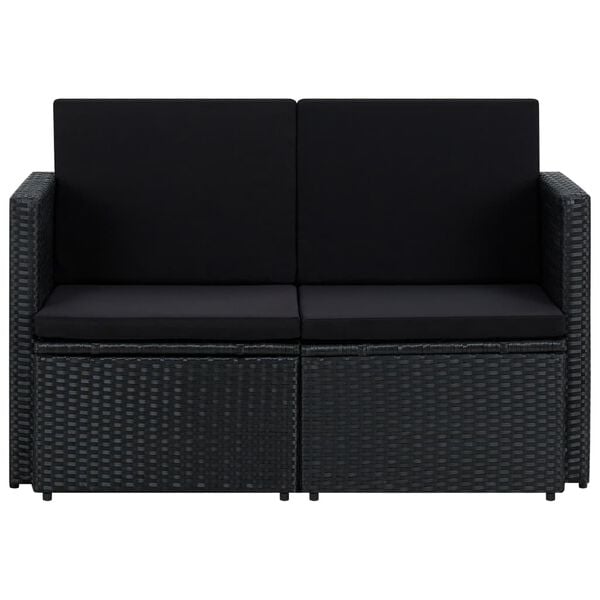 vidaXL 2 Seater Garden Sofa with Cushions Black Poly Rattan