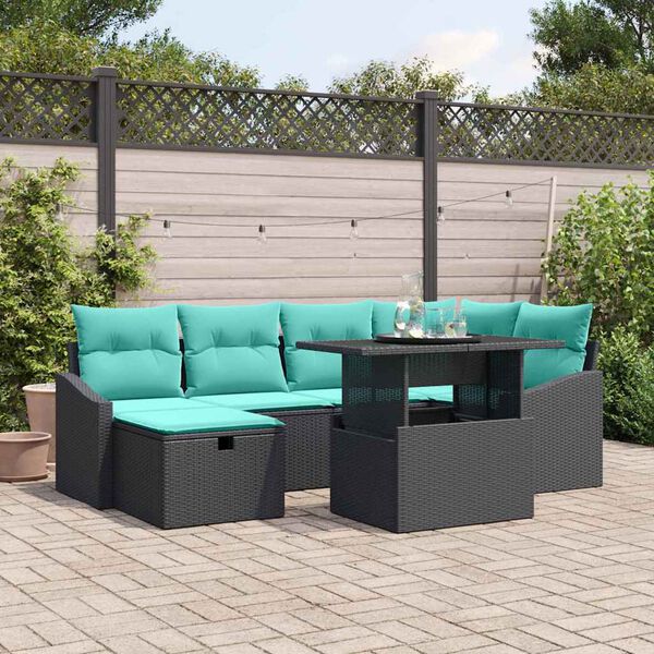 vidaXL Garden Sofa Set Height-Adjustable 7 pcs Black Poly Rattan
