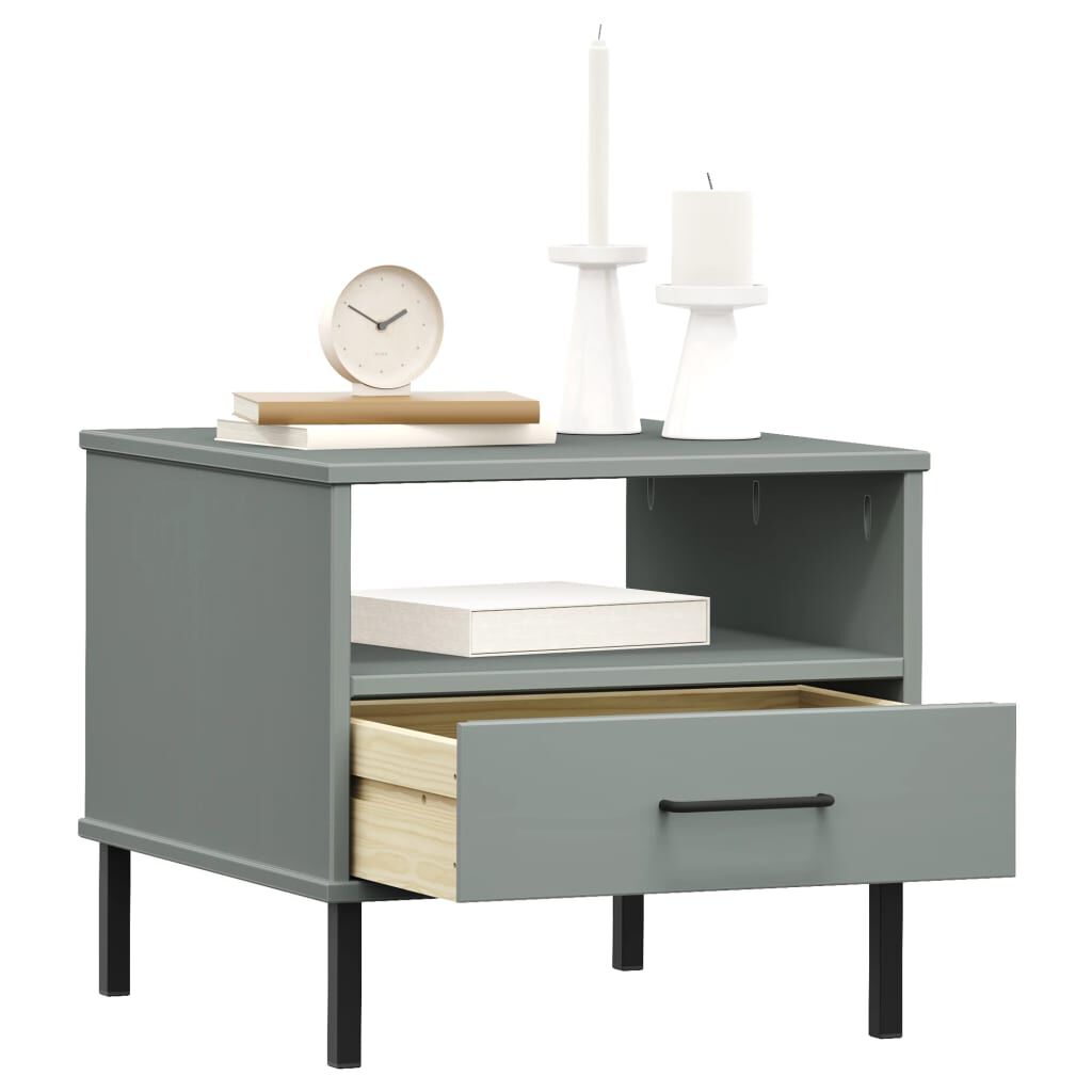 vidaXL Bedside Table with Metal Legs Grey Solid Wood Pine OSLO