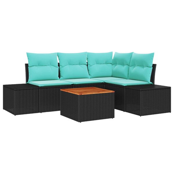 vidaXL 5 Piece Garden Sofa Set with Cushions Black Poly Rattan Acacia