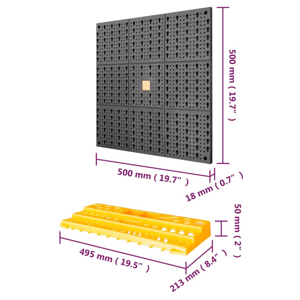 vidaXL Tool Wall 500x1000 mm 50 Hooks PP