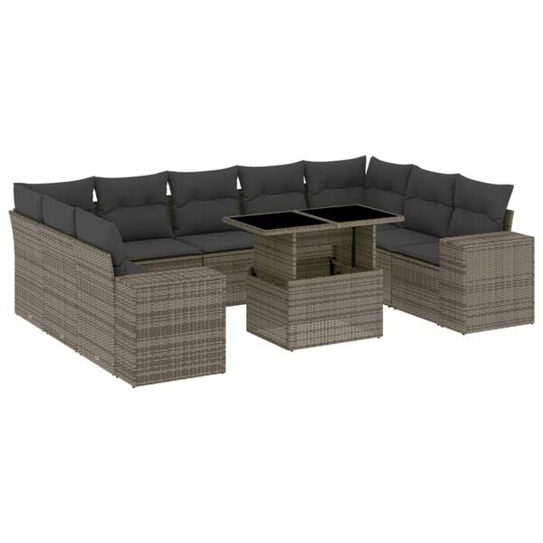 vidaXL 10 Piece Garden Sofa Set with Cushions Grey Poly Rattan