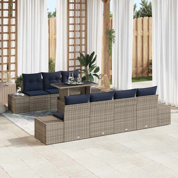vidaXL Sofa Set with Cushion Manual 8 pcs Grey and Navy Poly Rattan