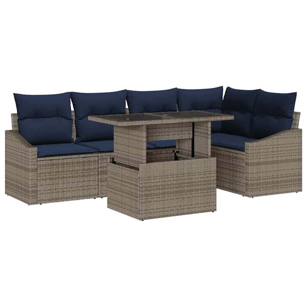 vidaXL Garden Sofa Set 6 pcs Grey and Navy Blue Poly Rattan
