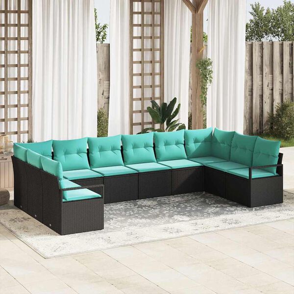 vidaXL Garden Sofa Set 10 pcs Black and Turquoise Poly Rattan