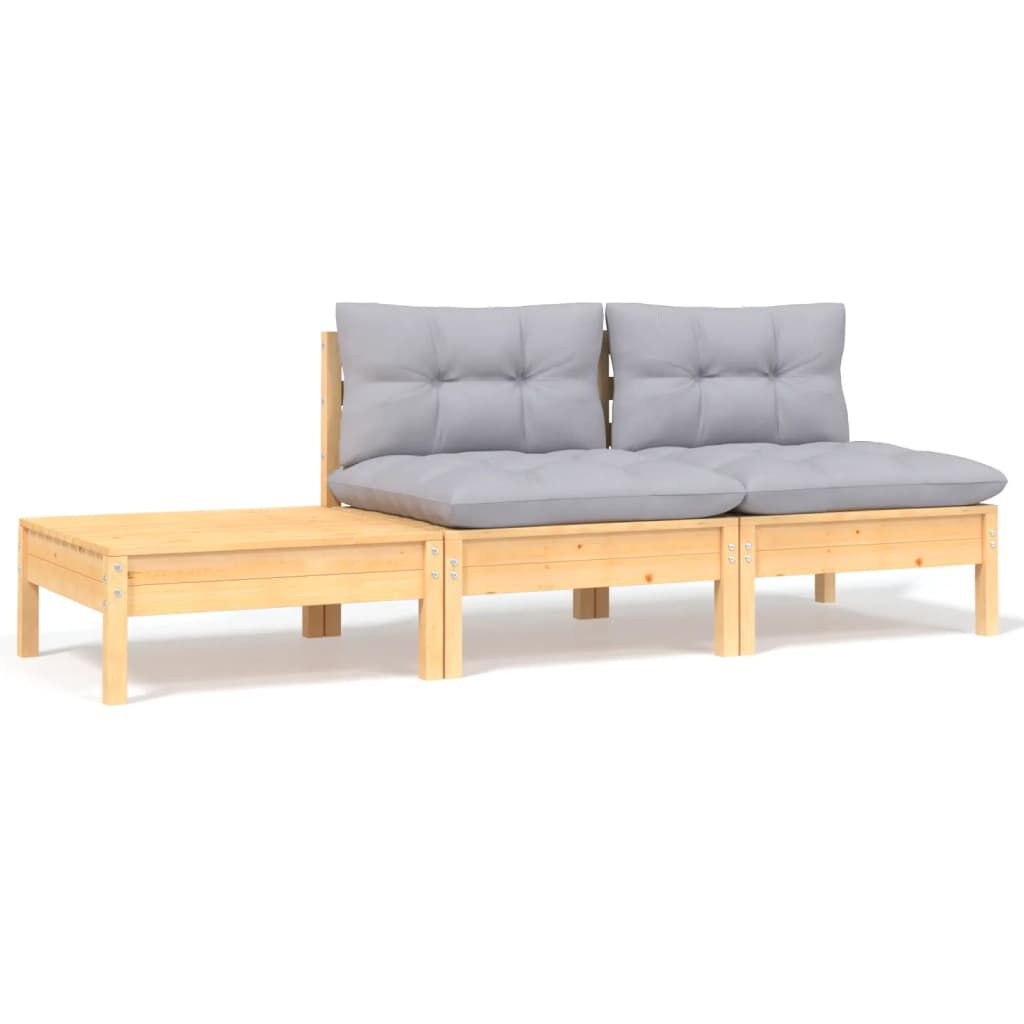 vidaXL 3 Piece Garden Lounge Set with Grey Cushions Solid Pinewood