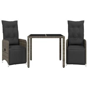 vidaXL 3 Piece Garden Bistro Set with Cushions Grey Poly Rattan