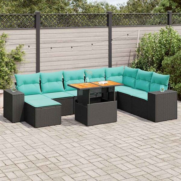 vidaXL 9 Piece Garden Sofa Set with Cushions Black Poly Rattan