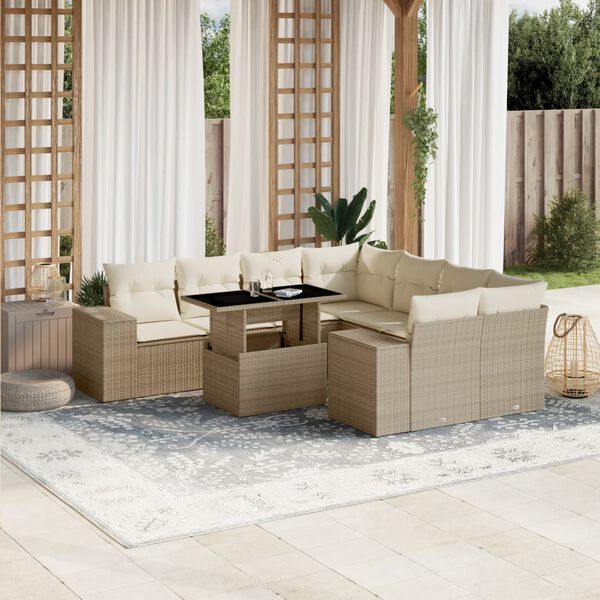 vidaXL 9 Piece Garden Sofa Set with Cushions Beige Poly Rattan