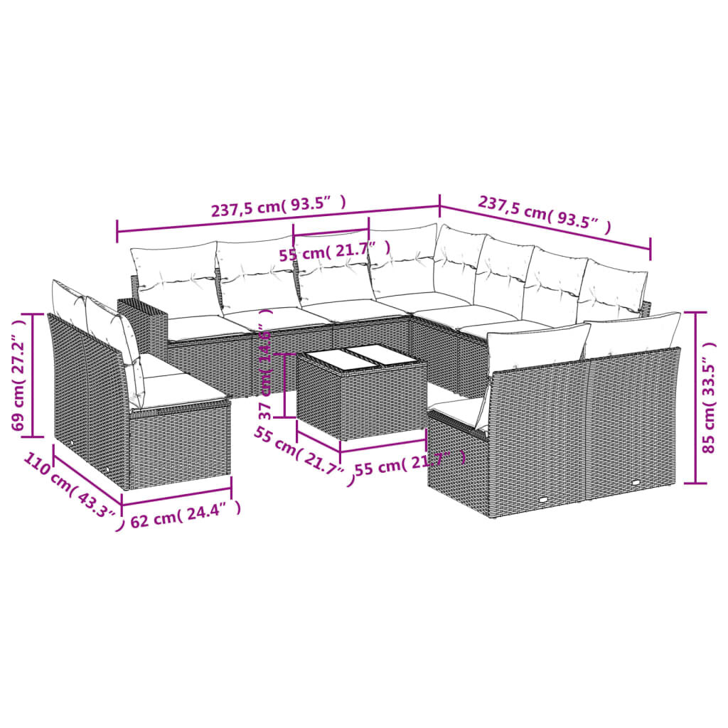 vidaXL 12 Piece Garden Sofa Set with Cushions Beige Poly Rattan