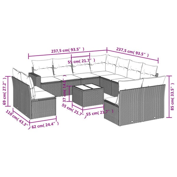 vidaXL 12 Piece Garden Sofa Set with Cushions Beige Poly Rattan