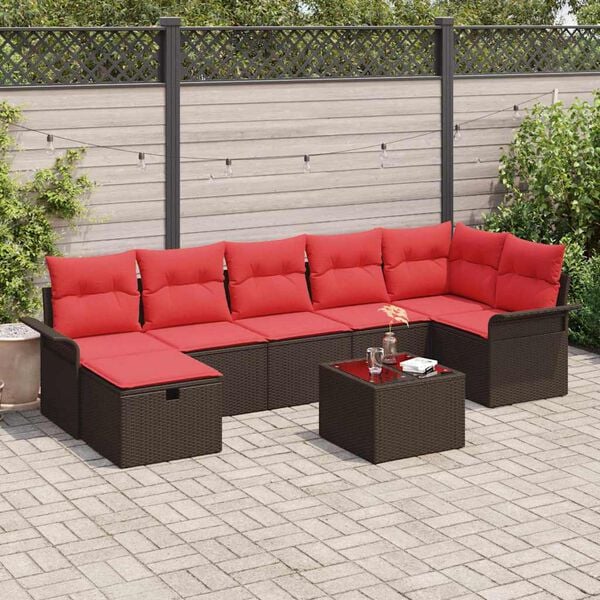 vidaXL Garden Sofa Set with Cushion 8 pcs Brown and Red Poly Rattan