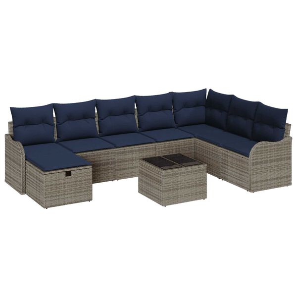 vidaXL 9 Piece Garden Sofa Set with Cushions Grey Poly Rattan