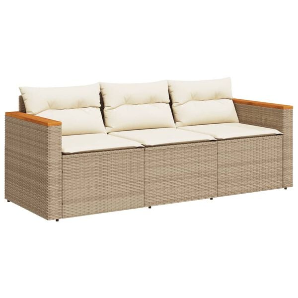 vidaXL Garden Sofa with Cushions 3-Seater Beige Poly Rattan