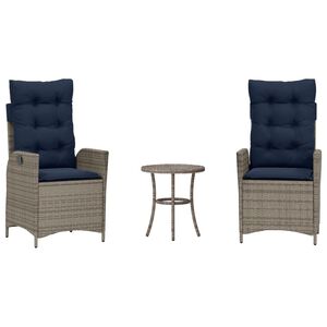 vidaXL 3 Piece Bistro Set with Cushions Grey Poly Rattan