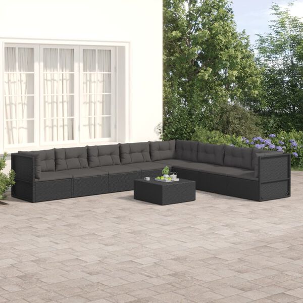 vidaXL 8 Piece Garden Lounge Set with Cushions Black Poly Rattan