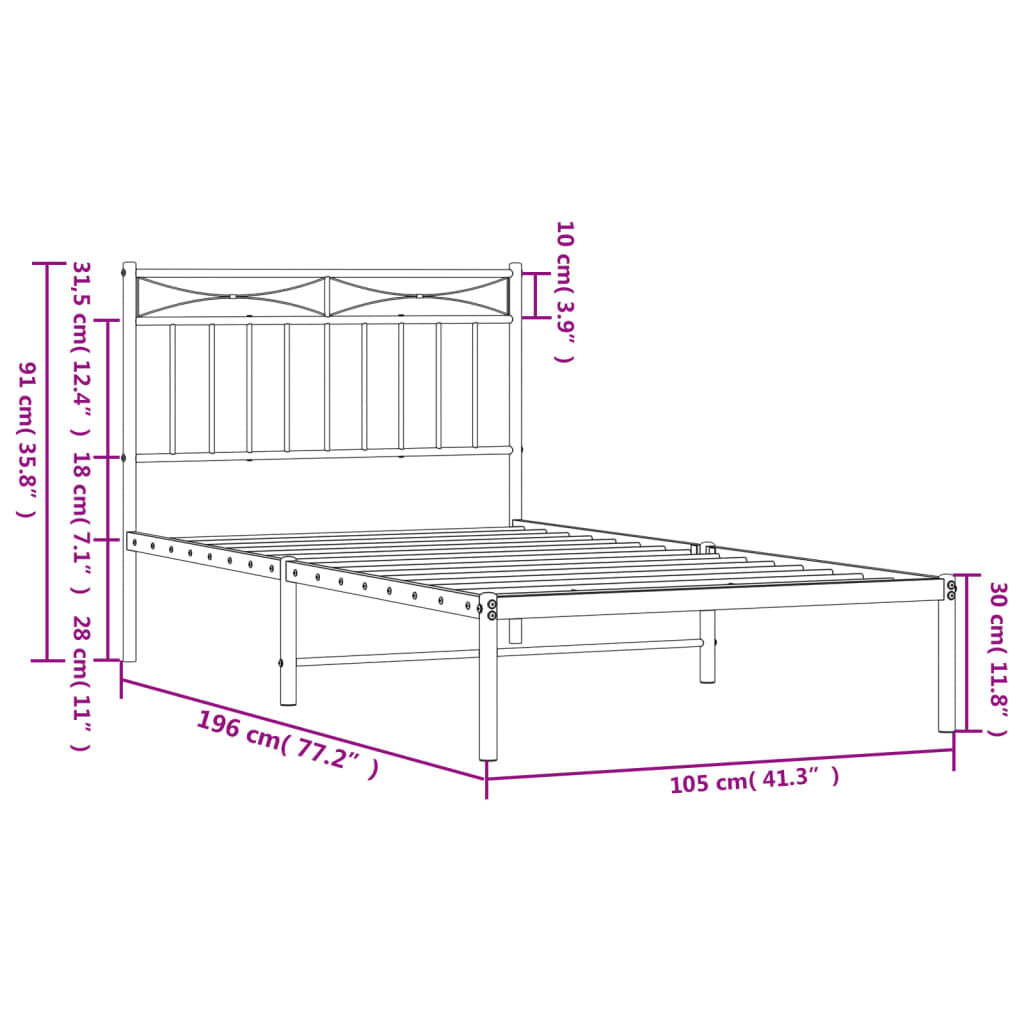 vidaXL Metal Bed Frame without Mattress with Headboard Black 100x190cm