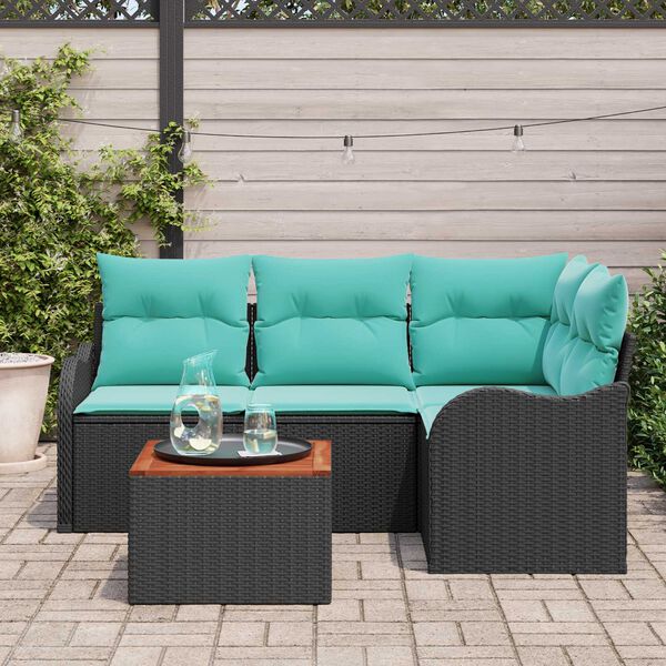 vidaXL 5 Piece Garden Sofa Set with Cushions Black Poly Rattan Acacia