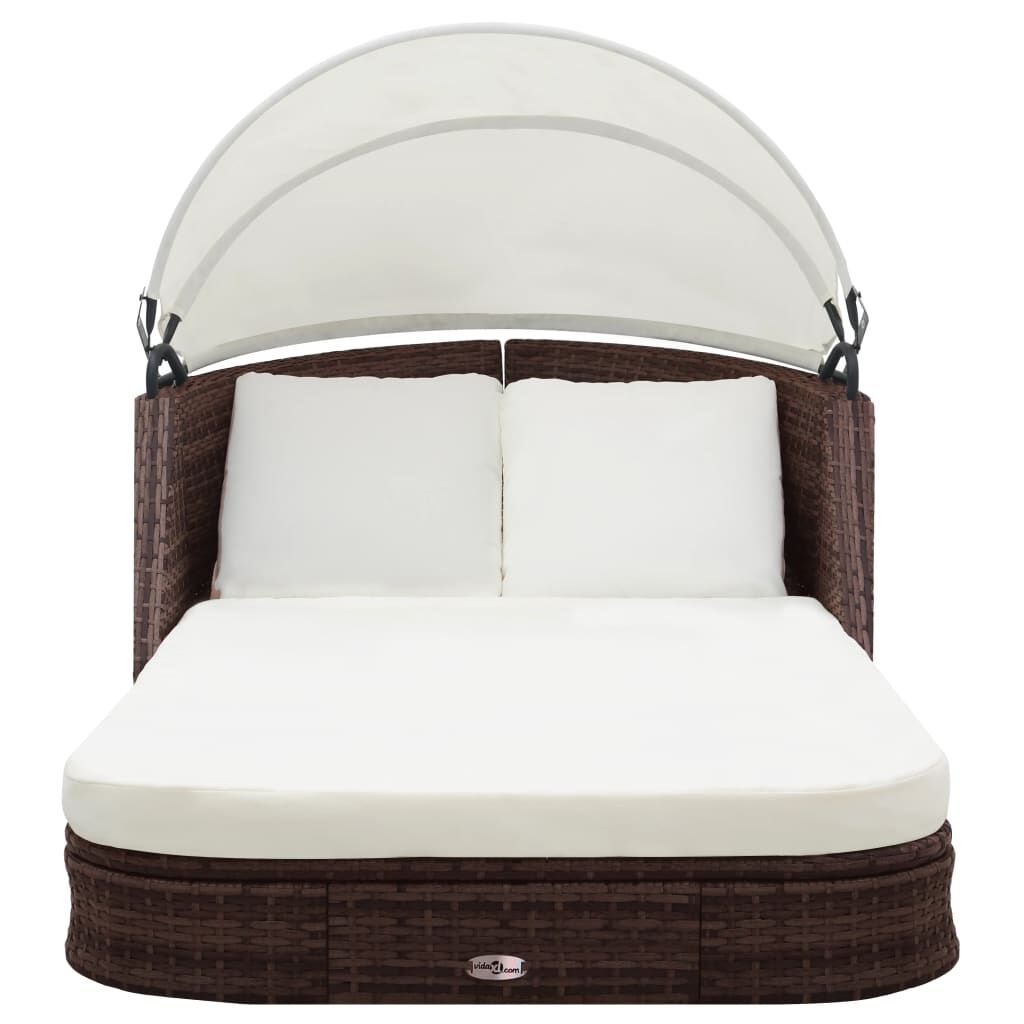 vidaXL Sun Lounger with Canopy Poly Rattan Brown