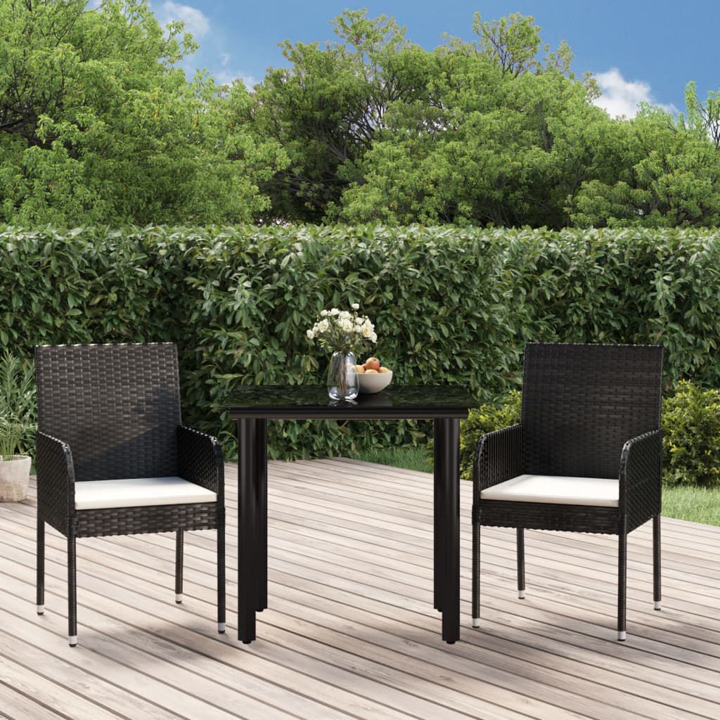 vidaXL 3 Piece Garden Dining Set with Cushions Black Poly Rattan