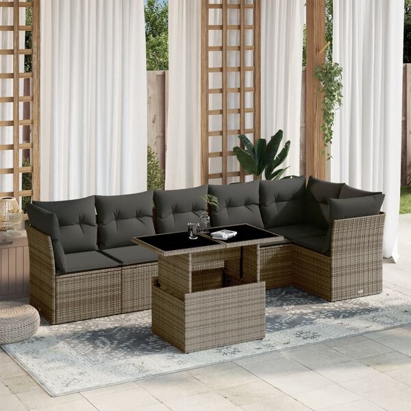 vidaXL 7 Piece Garden Sofa Set with Cushions Grey Poly Rattan