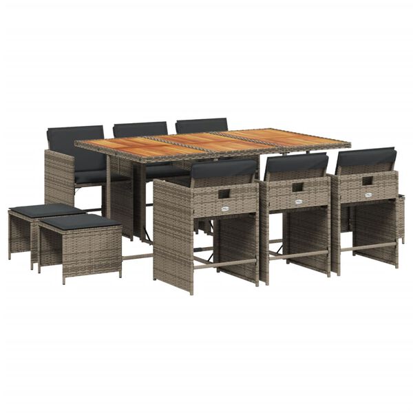 vidaXL 11 Piece Garden Dining Set with Cushions Grey Poly Rattan