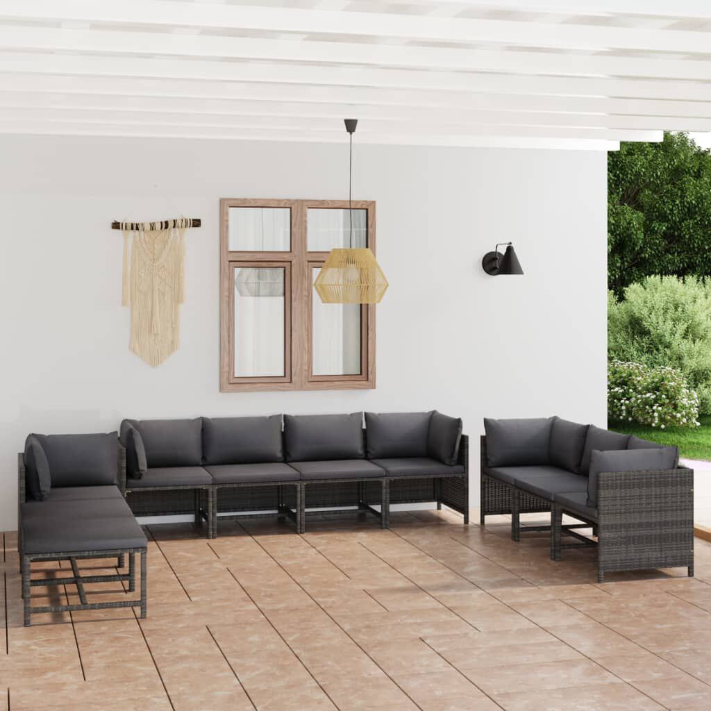 vidaXL 10 Piece Garden Lounge Set with Cushions Poly Rattan Grey