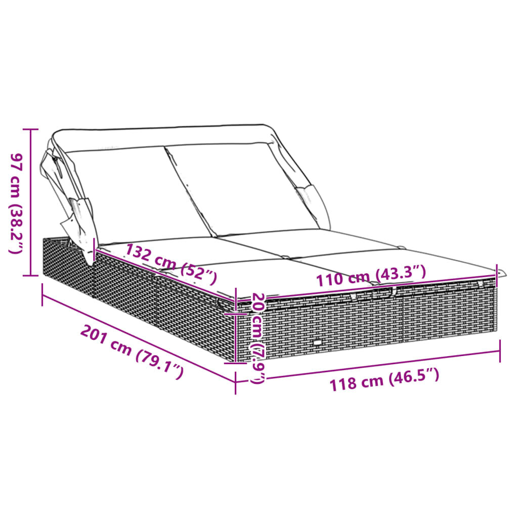 vidaXL 2-Person Sunbed with Foldable Roof Black 213x118x97 cm Poly Rattan
