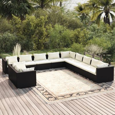 vidaXL 11 Piece Garden Lounge Set with Cushions Black Poly Rattan