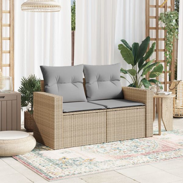 vidaXL Garden Sofa with Cushions 2-Seater Beige Poly Rattan