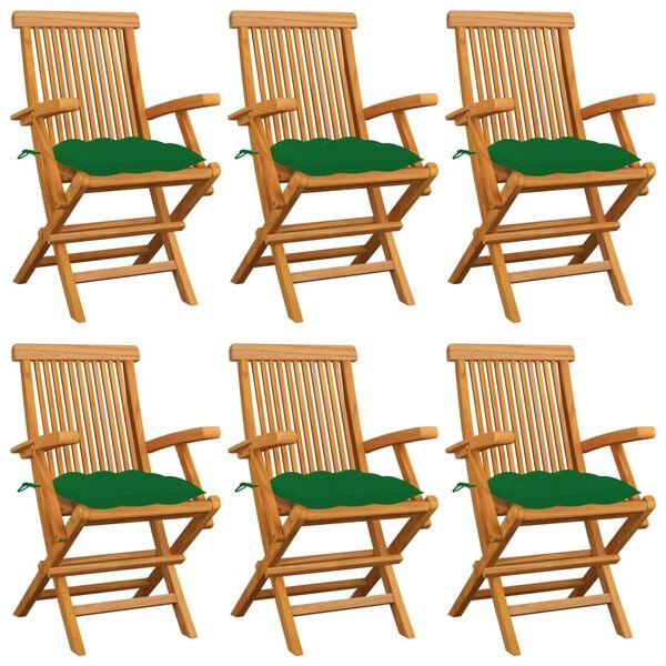 vidaXL Garden Chairs with Green Cushions 6 pcs Solid Teak Wood