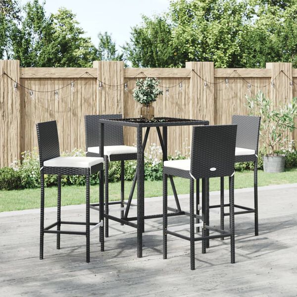 vidaXL 5 Piece Outdoor Bar Set with Cushions Black Poly Rattan