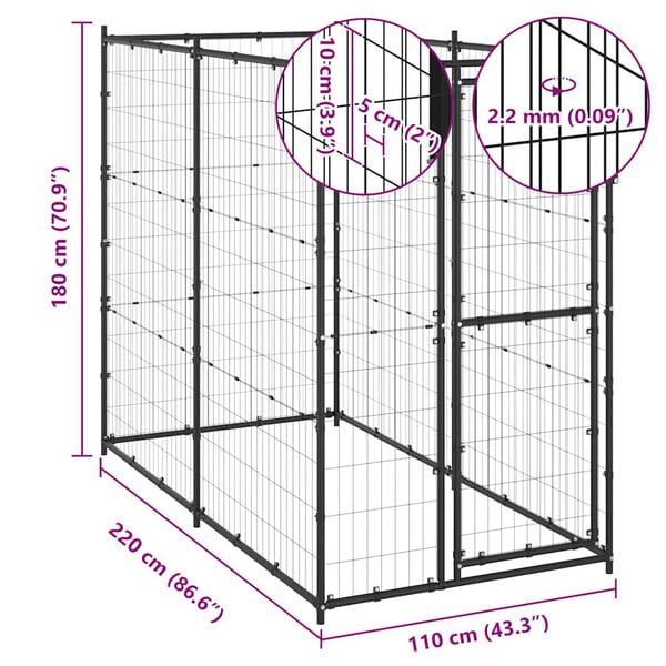 vidaXL Outdoor Dog Kennel Steel 110x220x180 cm
