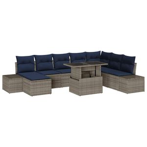 vidaXL Garden Sofa Set 9 pcs Grey and Navy Blue Poly Rattan