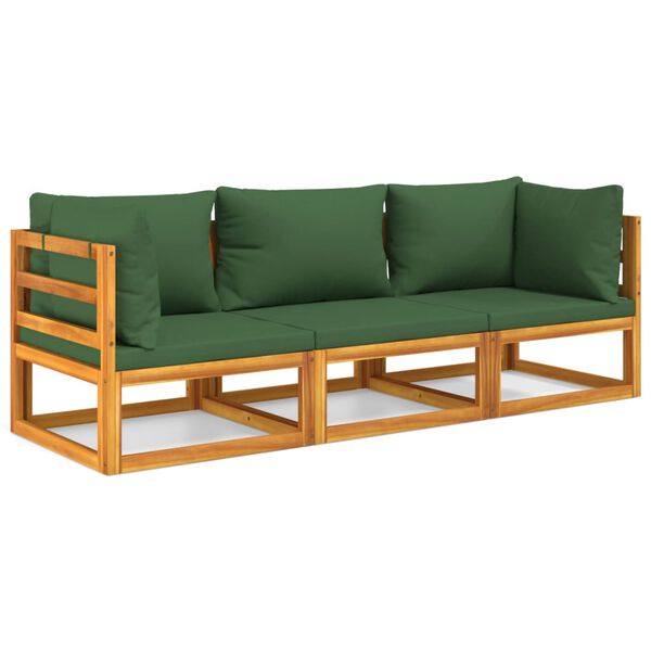 vidaXL 3 Piece Garden Lounge Set with Green Cushions Solid Wood