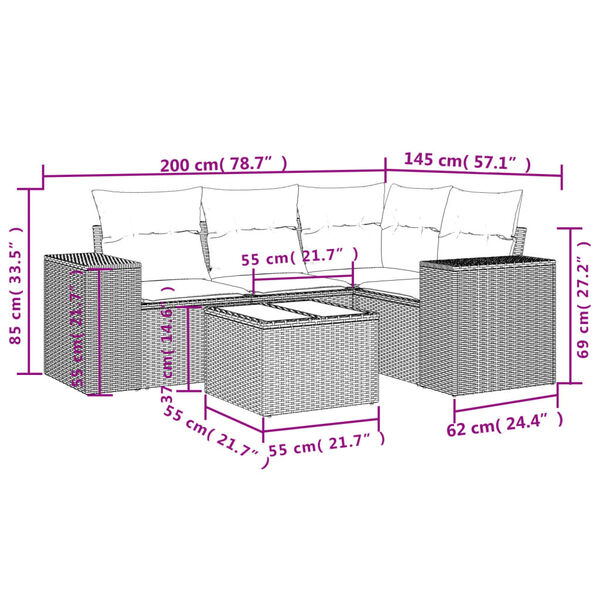 vidaXL 5 Piece Garden Sofa Set with Cushions Brown Poly Rattan