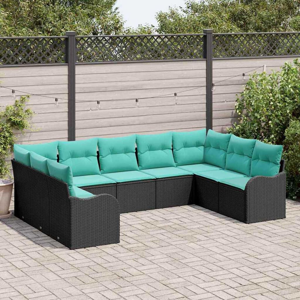vidaXL Garden Sofa Set with Cushion 9 pcs Black, turquoise Poly rattan
