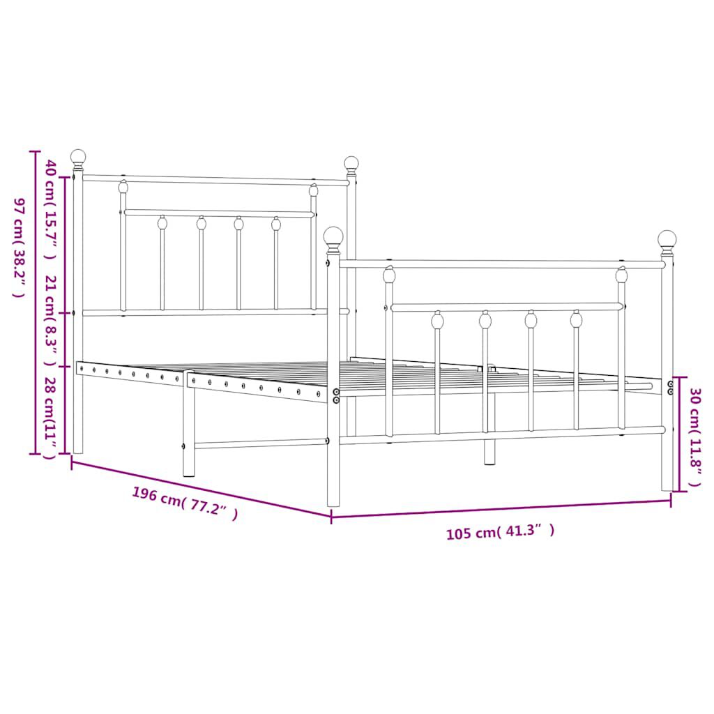 vidaXL Metal Bed Frame without Mattress with Footboard White 100x190cm