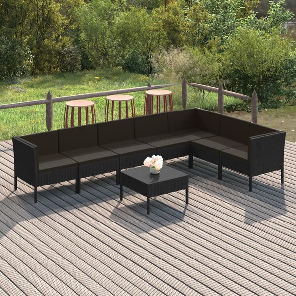 vidaXL 8 Piece Garden Lounge Set with Cushions Poly Rattan Black