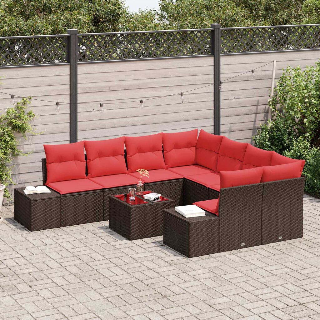 vidaXL 9 Piece Garden Sofa Set with Cushions Brown Poly Rattan