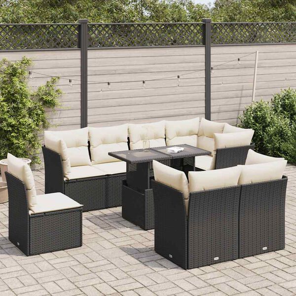 vidaXL 9 Piece Garden Sofa Set with Cushions Black Poly Rattan