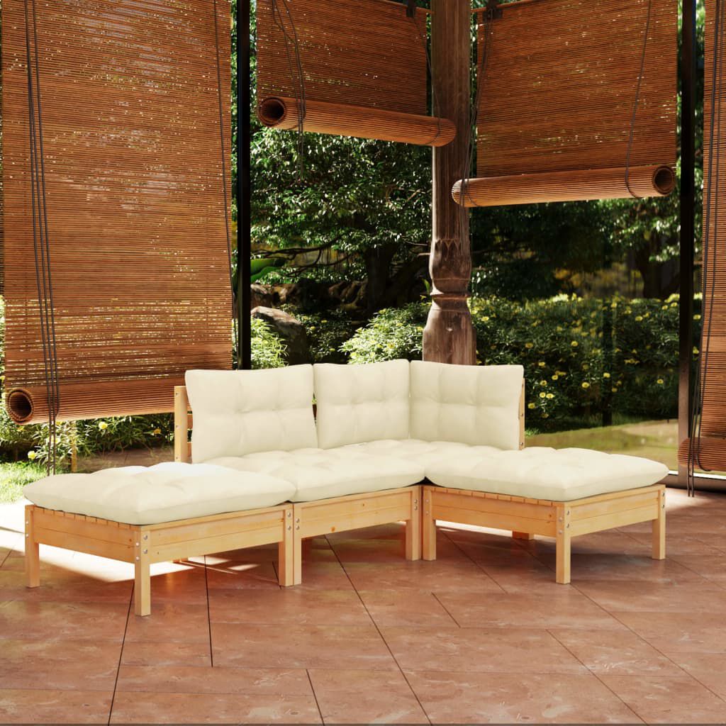 vidaXL 4 Piece Garden Lounge Set with Cream Cushions Solid Pinewood